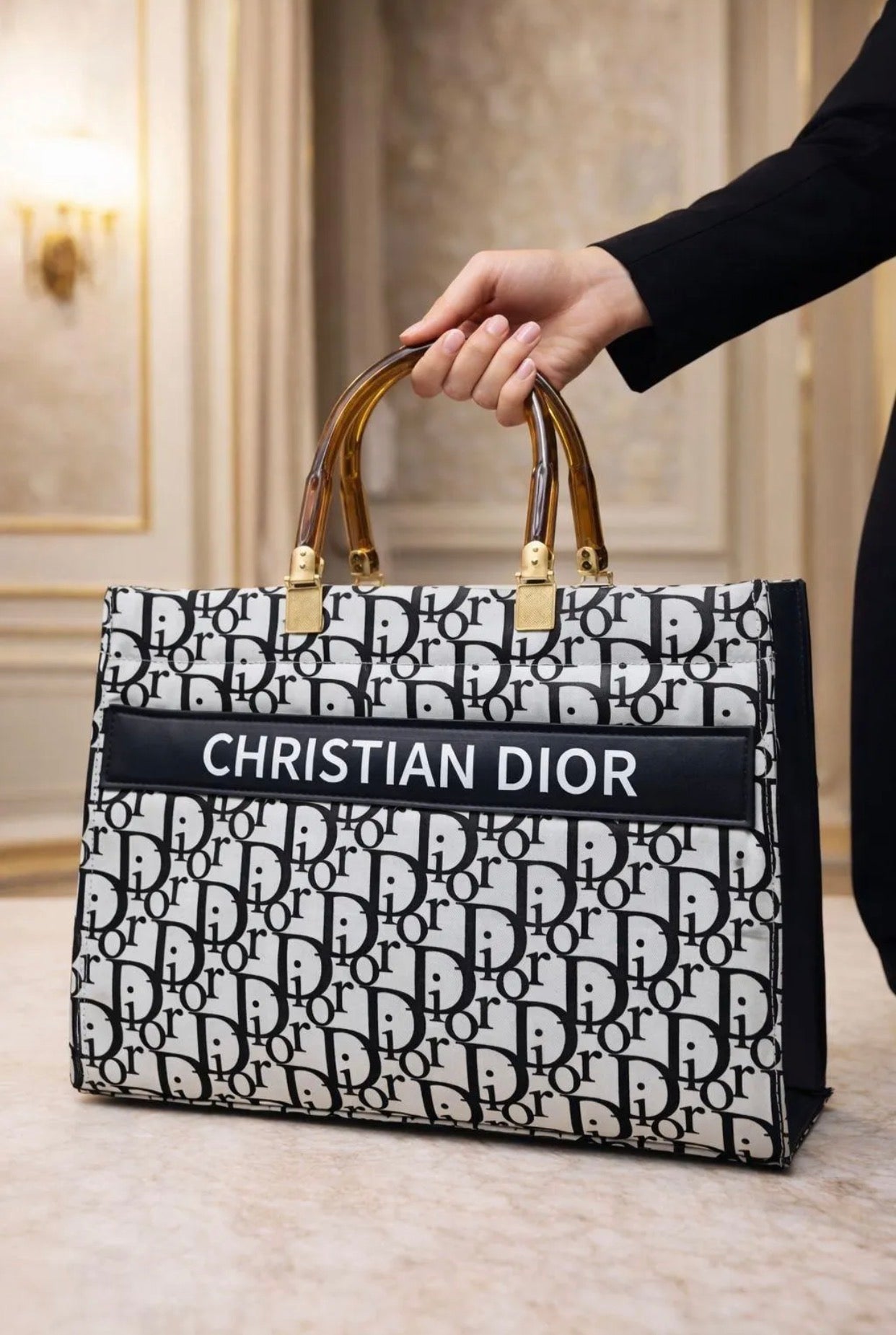 Christian Dior printed canvas bag in white and black