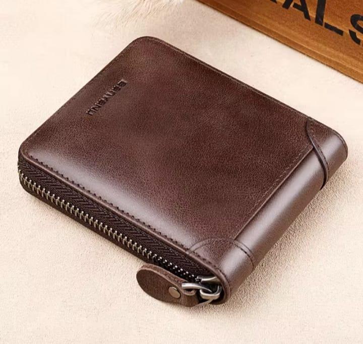 Men’s genuine cow leather wallet zipper in brown