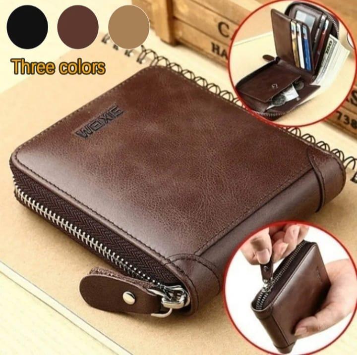 Men’s genuine cow leather wallet zipper in brown
