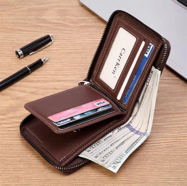 Men’s genuine cow leather wallet zipper in brown