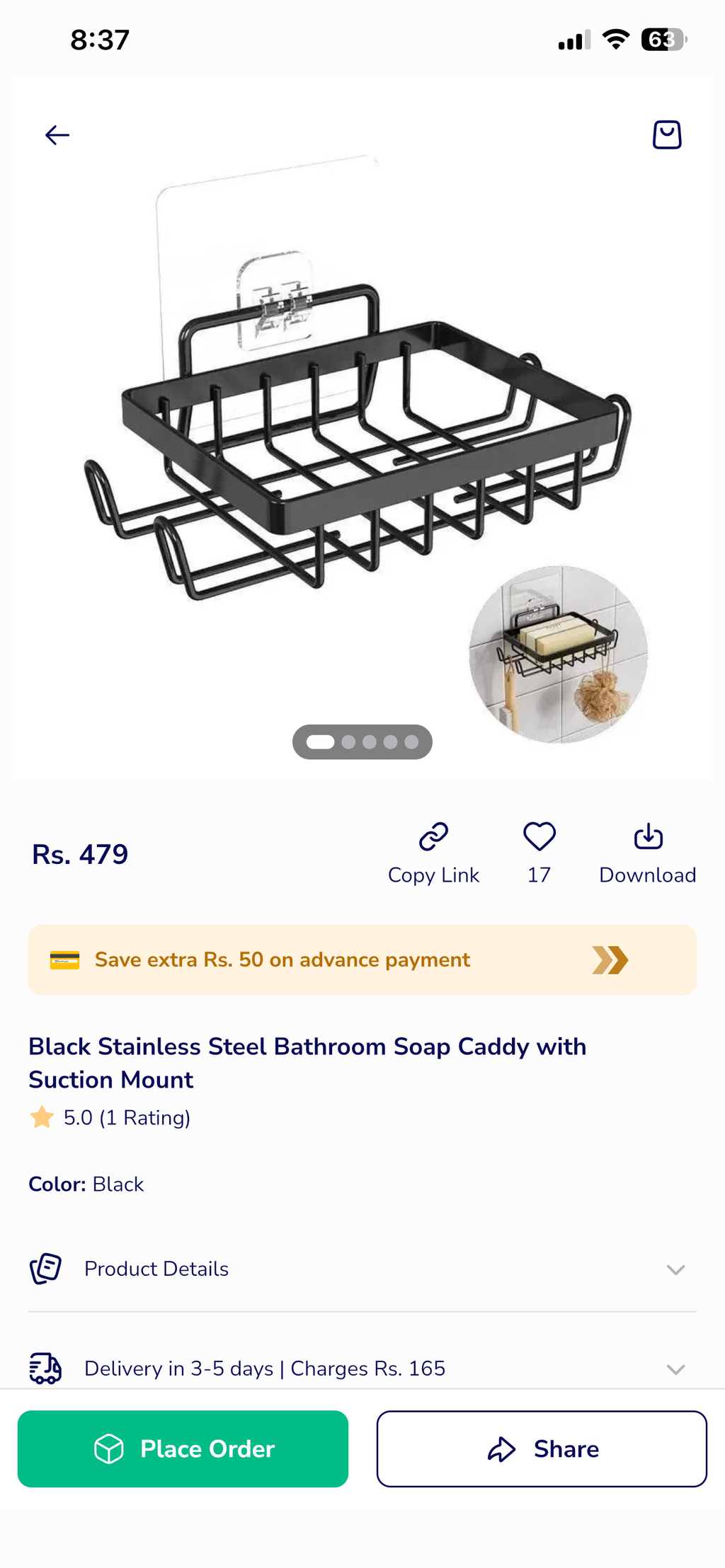 Stainless steel black bathroom soap caddy with suction mount